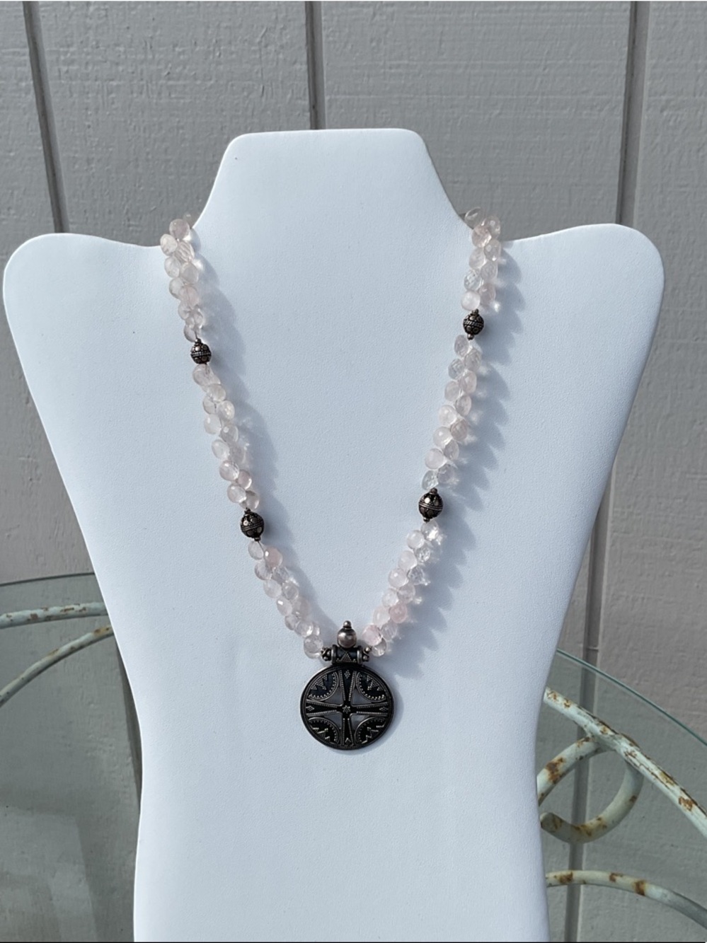 Rose Quartz Bead Necklace with Silver-Tone Medallion and Accents